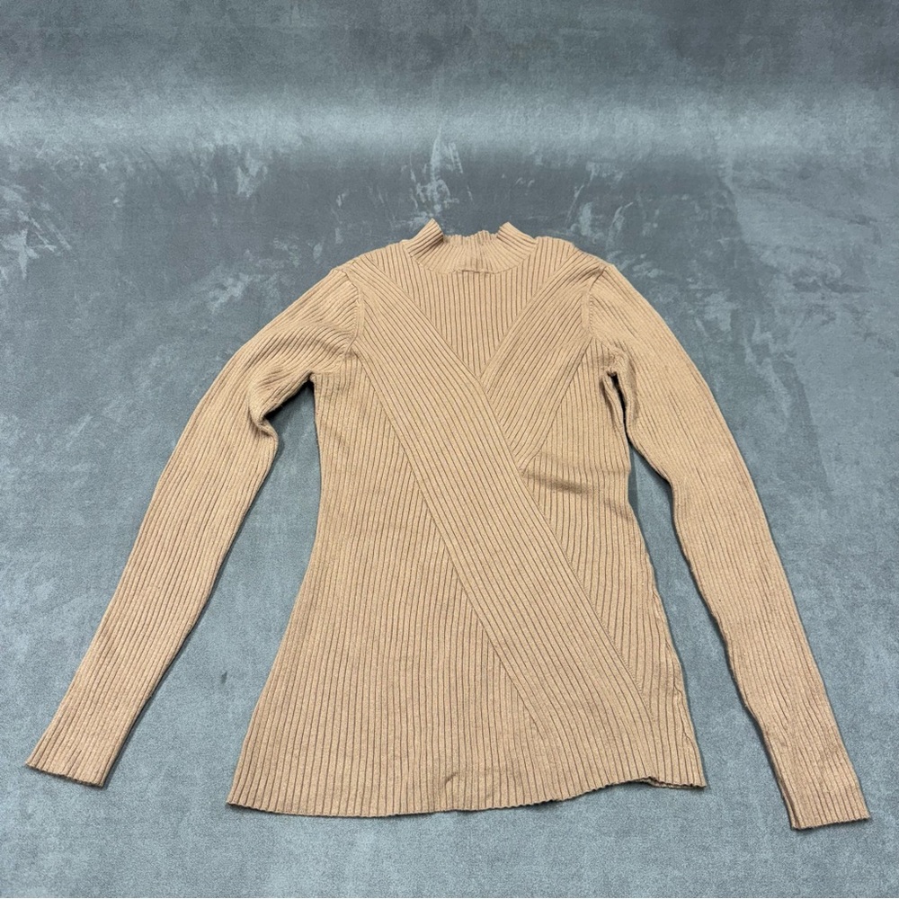 H&M Tan beige Ribbed Long Sleeve mock neck Sweater blouse knit top womens M